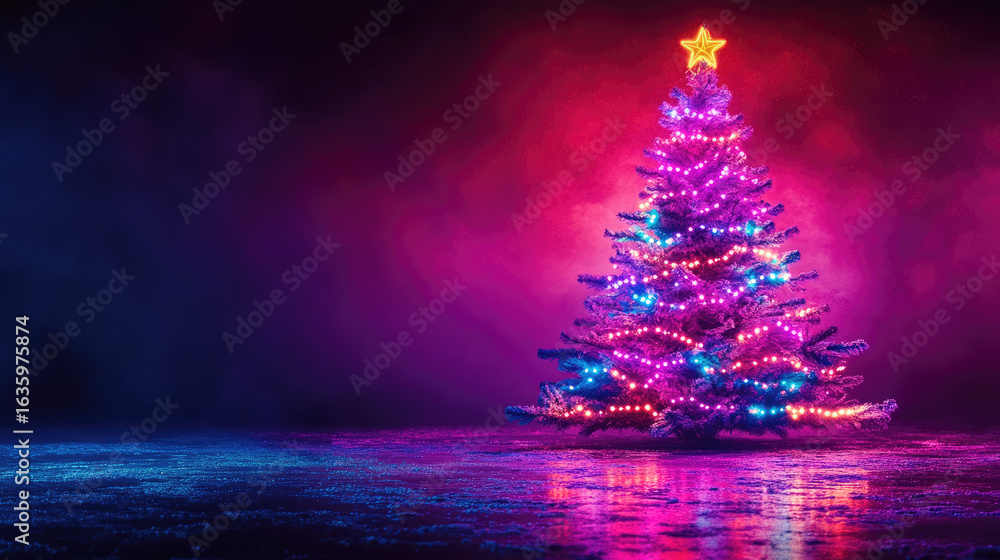 Aufkleber futuristic neon christmas tree on glowing background with empty space for text or product display, p
