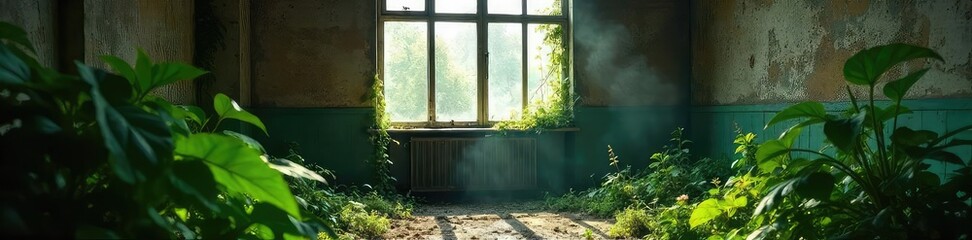 Sunlit Decay Overgrown Plants Veiling a Forgotten, Dilapidated Interior.  Dust Motes Dance in Weak Light, Evoking Neglect and the Passage of Time in a Vacant, Dimly Lit Space.