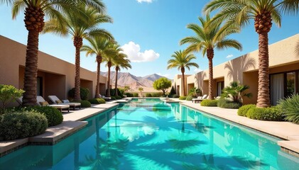 Serene desert oasis with lush palm trees surrounding a crystal-clear pool of water, reflecting the vibrant blue sky A tranquil escape in the arid landscape , sun, peace