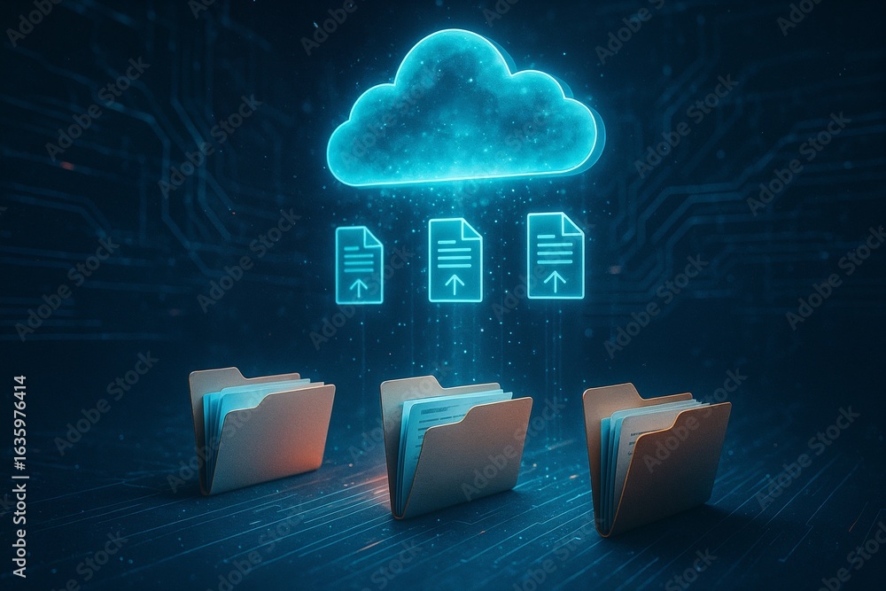 Poster digital data symphony: a vibrant visualization of cloud storage, where data files float gracefully b