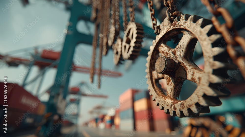 Poster a close-up view of rusted gears and chains, set against a backdrop of shipping containers and cranes