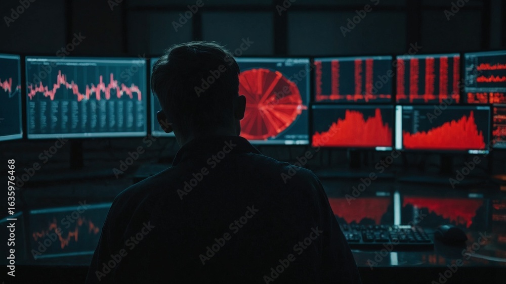 Poster analyzing data in the dark: an individual, shrouded in silhouette, intently monitors a complex array