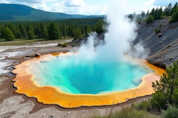 Serene geothermal hot spring pool, steam rising from the turquoise water, surrounded by lush green vegetation and volcanic rock formations , volcanic rock, natural, calm