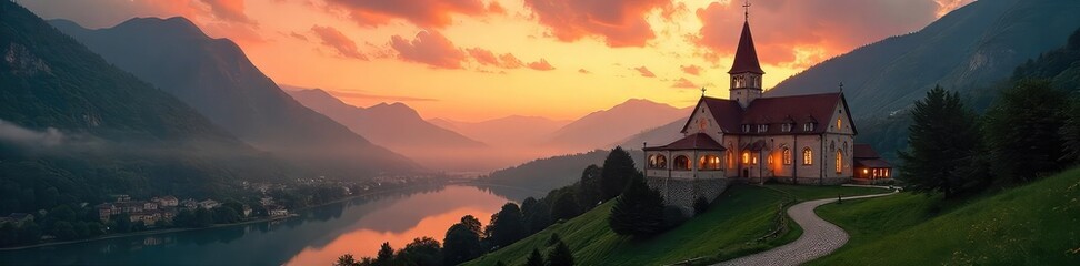 Serene image of a Benedictine monastery at dawn, peaceful and prayerful atmosphere, reflecting spiritual devotion and tranquility , meditation, sky, prayer
