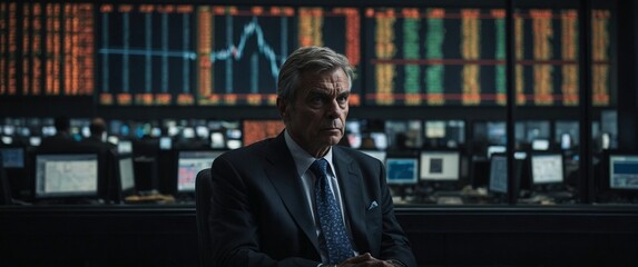 Stock Market Analyst at Work: A seasoned stock market analyst, dressed in a suit and tie, contemplates the intricate data displayed on multiple computer screens.