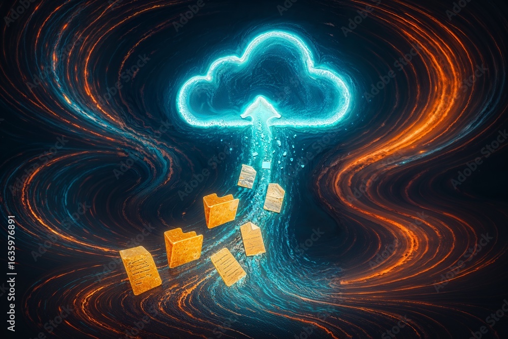 Poster cloud data transfer: a dynamic illustration of the cloud data transfer process, showing data ascendi