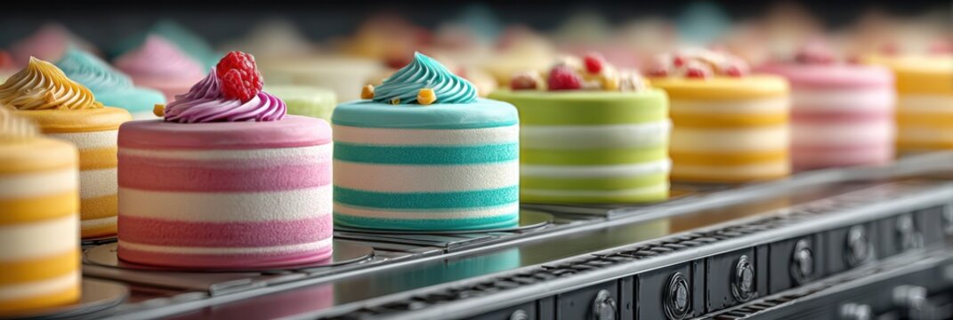 Colorful striped cakes displayed in a bakery showcasing delightful desserts and sweets