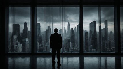 Fototapeta premium Businessman looking out of an office window at a stormy city skyline