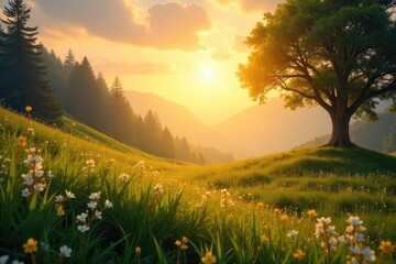 Serene landscape bathed in golden sunlight, evoking feelings of peace, transcendence, and connection to a higher power Perfect for concepts of faith, spirituality, and divine presence , trees, holy
