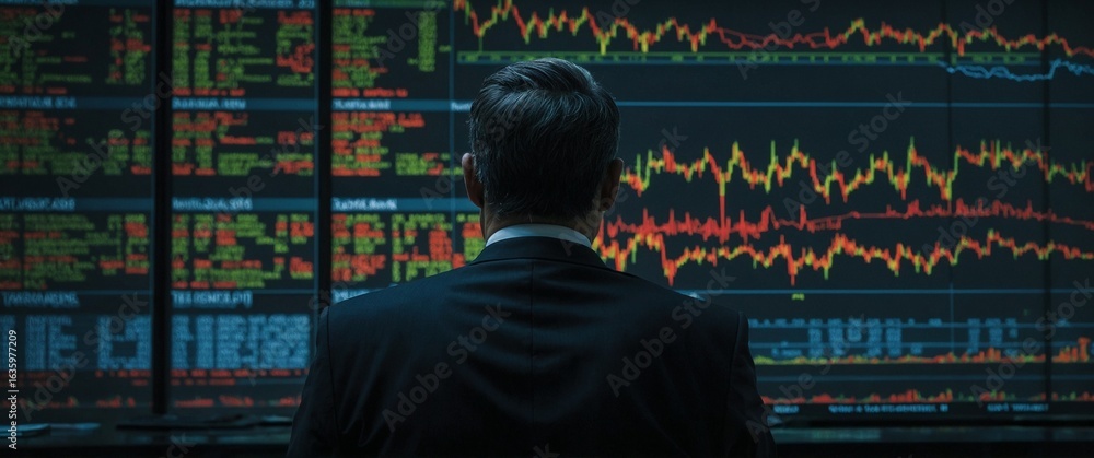 Aufkleber market analyst's deep dive: an observant analyst scrutinizes financial data projected on multiple mo