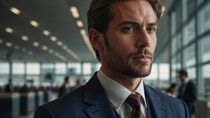 Fototapeta premium Corporate Confidence: A distinguished professional exudes unwavering resolve in a modern office environment, radiating both ambition and assuredness.