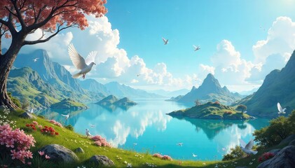 Serene landscape of a fictional planet dominated by white doves, peaceful skies, and lush vegetation Floating islands add to the ethereal beauty of this fantastical world , landscape, river, bright