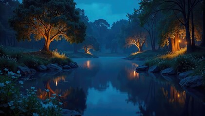 Tranquil Pond at Night Soft Ambient Lighting Creates a Magical Atmosphere, Perfect for Relaxation and Nature Themes
