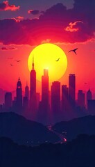 Silhouetted cityscape at sunrise, vibrant colors reflecting a hopeful and optimistic future; buildings reach towards a bright sky, symbolizing progress and ambition , energetic, technology, hope