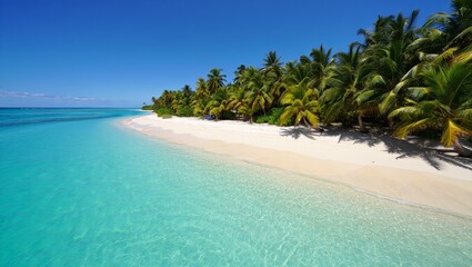 Serene Tropical Beach: Turquoise Water, White Sand, Lush Palm Trees, Sunny Day, Idyllic Island Paradise.