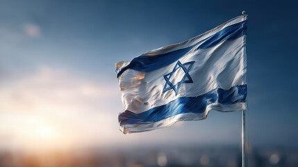 A waving Israeli flag with a blue star and stripes, set against a blurred sunset background, symbolizing national identity and pride.