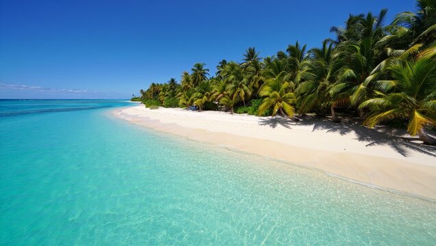 Serene Tropical Beach: Turquoise Water, White Sand, Lush Palm Trees, Sunny Day, Idyllic Island Paradise.