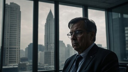 Fototapeta premium Silhouette of a businessman looking out of an office window at a city skyline
