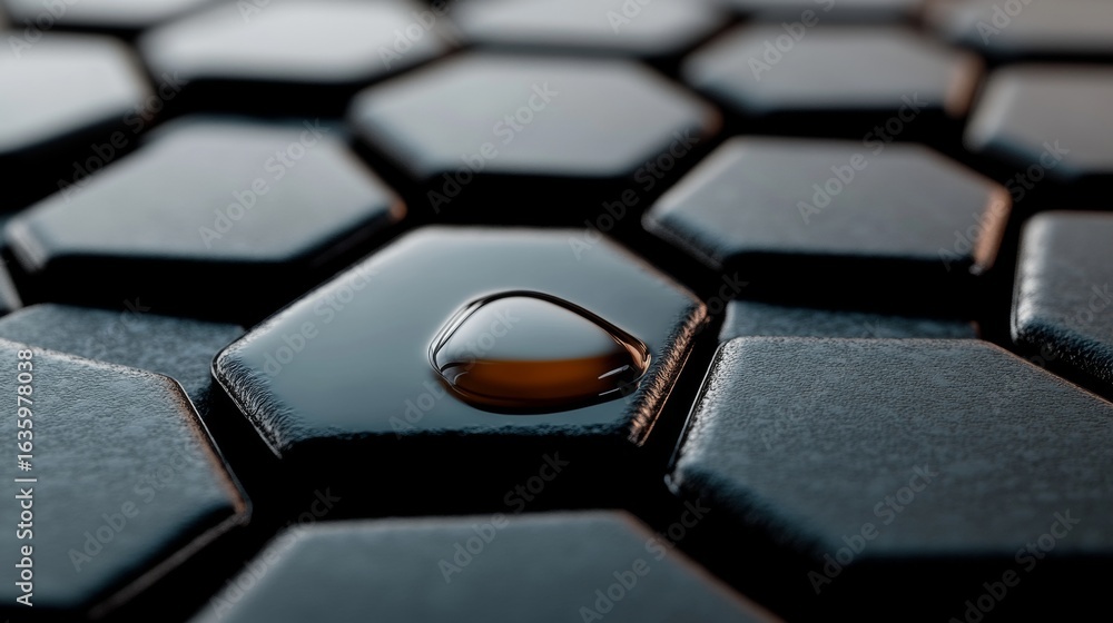 Poster abstract dark honeycomb background with glossy liquid and reflective geometric pattern texture