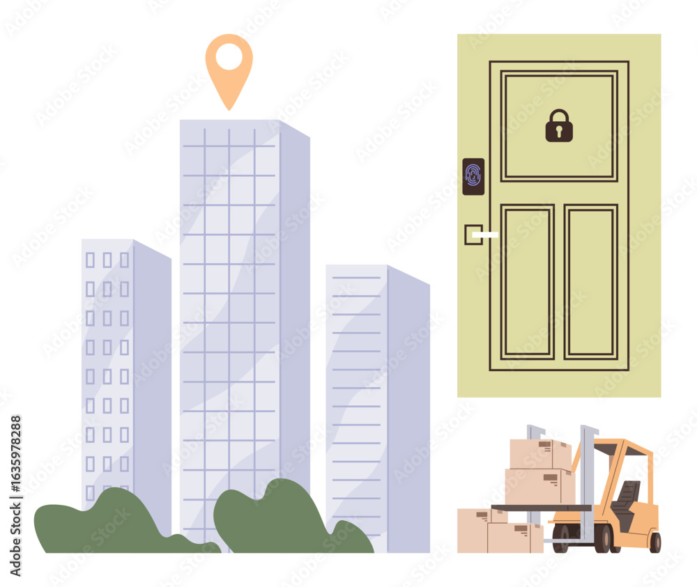 Aufkleber skyscrapers with location marker, secure door with lock indicator, forklift with stacked boxes. idea