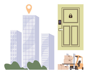 Naklejka premium Skyscrapers with location marker, secure door with lock indicator, forklift with stacked boxes. Ideal for logistics, urban delivery, warehouse management, security, supply chain, smart city simple
