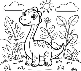 Cute baby dinosaur with egg, cartoon coloring page, black and white line art, happy sun, nature scene, for kids