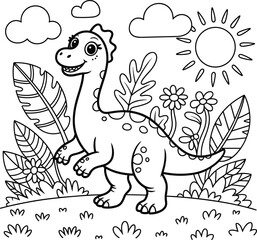 Cute baby dinosaur with egg, cartoon coloring page, black and white line art, happy sun, nature scene, for kids