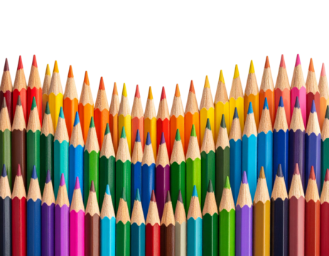 Colorful Wooden Pencils Forming a Curved Wave Pattern, Horizontal Composition, isolated on transparent background PNG