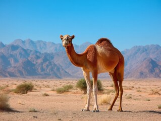 one camel stay desert land with blue sky background