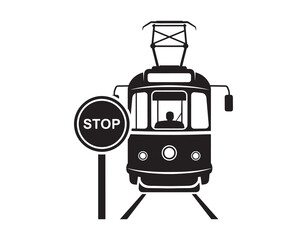 City Electric Public Transport Stop Station Sign Glyph Pictogram. Front View Icon of a Streetcar.