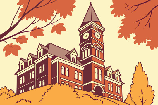 Auburn University's Samford Hall with its historic clocktower surrounded by fall leaves.
