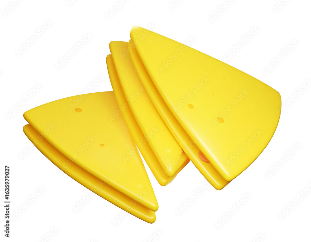 Poster stack of bright yellow wedge shapes creates a playful geometric composition with smooth rounded