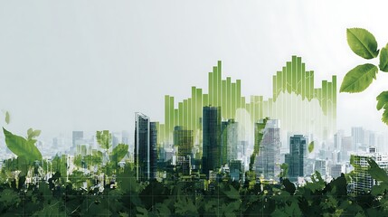 Green corporate banner blends nature with finance tech. ESG focus sustainability, growth, investment. Eco-friendly city buildings, leaves, data analysis, graphs, innovation.
