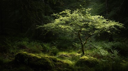 Obraz premium A solitary tree stands tall in the darkness of an ancient forest, creating a mysterious and serene atmosphere that showcases the beauty and mystery of nature.