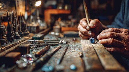 Obraz premium Master Jeweler Setting Gems Skillfully - Professional Jewelry Making Process