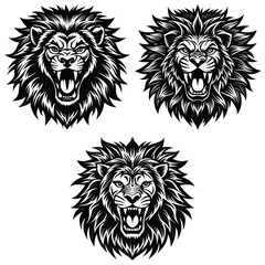 Lion Head Vector Set – Fierce and Regal Black and White Lion Illustrations for Tattoo, Logo, and Design Use