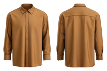 Professional tan long-sleeve button-up shirt presented front and back for versatile apparel design