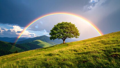 Naklejka premium Rainbow over a lone tree on a hillside landscape.
