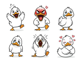 Emotional Duckling Expression: A delightful display of illustrated ducklings, each portraying a unique emotion, from joy and anger to sadness and surprise, set against a clean backdrop.