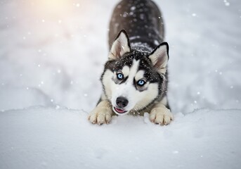 Fototapeta premium Playful Husky Puppy in Snowy Landscape. Generative Ai