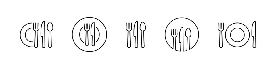 Cutlery icon set. Isolated cutlery vector set. Restaurant logo. Cafe sign. Fork, spoon and knife icon set.