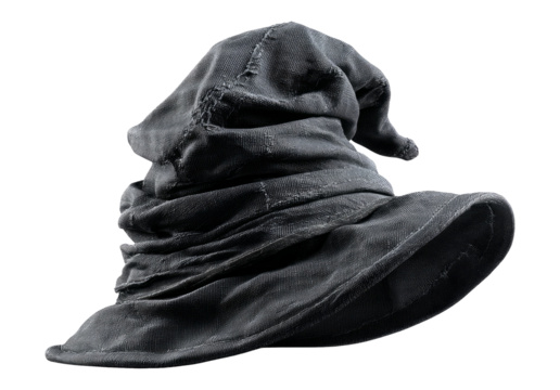 Crumpled Black Witch Hat with Stitched Brim on Transparent Background