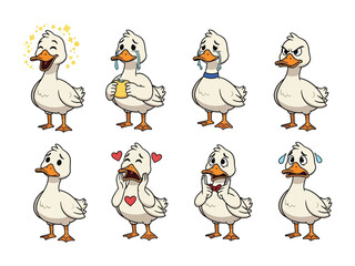 Duckling Emotions: A collection of cartoon duckling illustrations showcasing a spectrum of human-like emotions, each rendering capturing the essence of joy, sadness, anger, love, and apprehension.