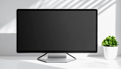 Fototapeta premium Minimalist office workspace with a blank screen desktop computer display. Clean white background with a plant and shadows creating a professional technology concept.