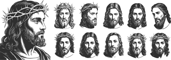 Monochrome Jesus Christ illustration set, vintage engraving style, religious vector art, prayer poses, Christian savior graphic for faith artwork