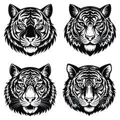 Tiger Head Vector Set – Black and White Wild Animal Illustration Collection