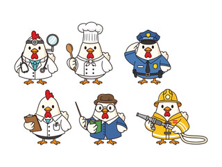 Diverse Professions: A lively ensemble of cartoon chickens embodies various professions, each donning iconic attire and accessories, capturing the essence of career diversity.
