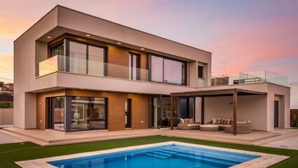 Modern Luxury Villa at Sunset:  Private Pool,  Spacious Patio,  Contemporary Design.