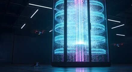 Futuristic, glowing, cylindrical data storage system in a dark, modern server room.