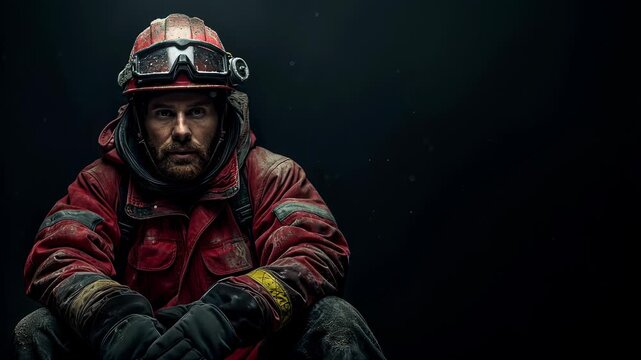 A courageous firefighter sits in the darkness, showcasing determination and resilience in the face of danger and adversity, highlighted by a gritty atmosphere.